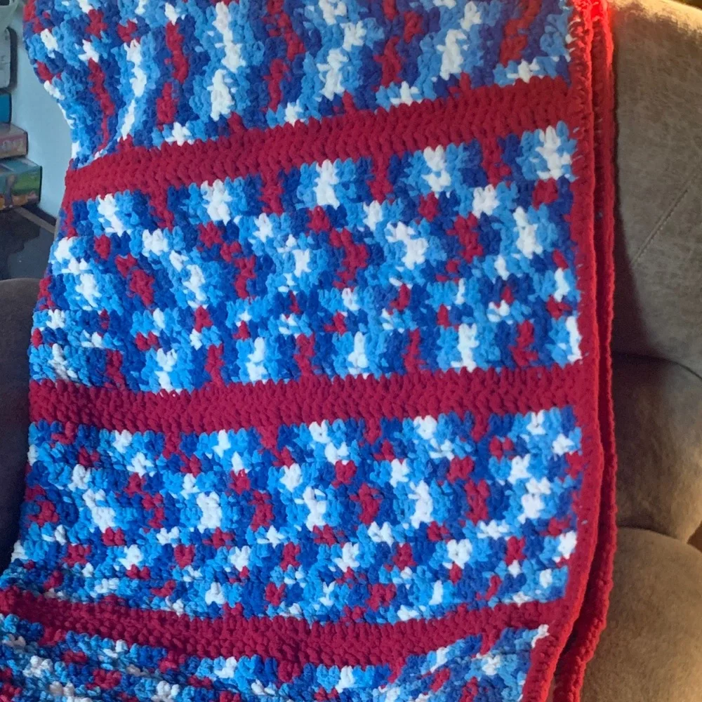Colorful Red White Blue Handmade Crochet Blanket Afghan Apprx. 50x52 inches - Picture 5 of 16